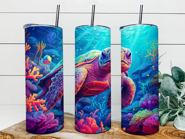 Colorful Sea Turtle In The Ocean With Coral Reef 20oz Skinny Tumbler Png, Colorful Turtle Tumbler, Colorful Turtle Landscape Tumbler, Animal Tumbler Wrap Sublimation iStyleDesign 