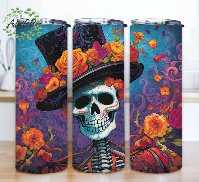 Colorful Skeleton Floral 20oz Skinny Tumbler Wrap, Floral Skeletons Png, Skull and Skeleton Tumbler , Halloween Tumbler, Floral Geometric Sublimation Design Sublimation AdriOP 