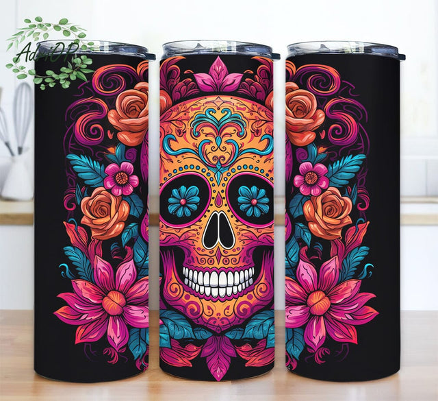 Colorful Skull Floral 20oz Skinny Tumbler Wrap, Skull in Purple and Pink Flowers Tumbler Design, Halloween Skull Tumbler Png, Floral Geometric Sublimation Design Sublimation AdriOP 