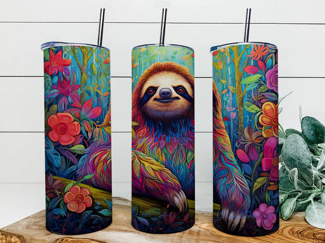 Colorful Sloth Flowers 20oz Skinny Tumbler Png, Sloth Tumbler Wrap, Watercolor Tumbler Wrap, Colorful Sloth Tumbler Wrap, Colorful Sloth Tumbler Wrap, Sloth In Flowers Png Sublimation iStyleDesign 