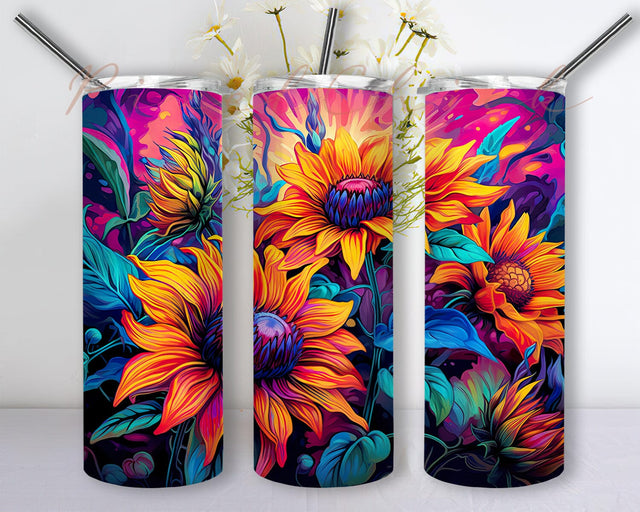 Colorful Sunflowers 20oz Skinny Tumbler Png, Tie Dye Colorful Sunflower Tumbler Designs, Mama Sunflowers Floral, Alcohol Ink Sunflowers, Neon Rainbow Tumbler Sublimation PixelChick 