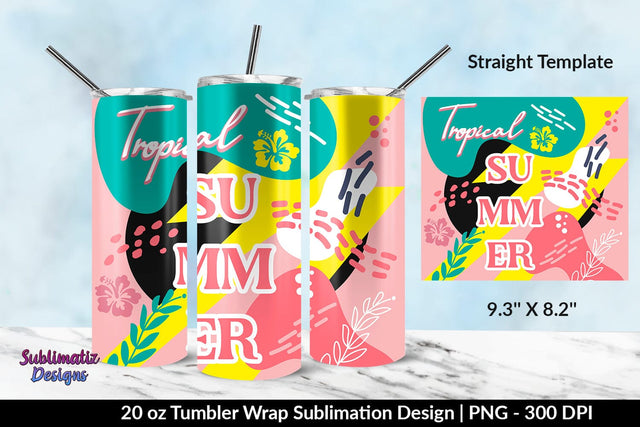 Colorful Tropical Summer 20oz Skinny Tumbler Wrap Sublimation Design Sublimation Sublimatiz Designs 