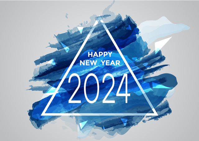 Colorful watercolor Happy New Year 2024 Background with blue brushstroke paint lettering calligraphy SVG naemmiah021 