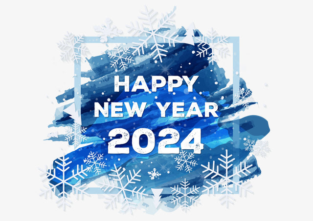 Colorful watercolor Happy New Year 2024 Background with blue brushstroke paint lettering calligraphy SVG naemmiah021 