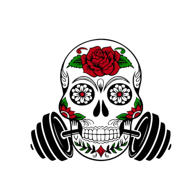 Colorful Weightlifting png Sugar Skull, Download Print to Cut File, Weight lifting Skull Day of the Dead, Silhouette, Clipart, png, barbell Sublimation Whitetailcrafts 