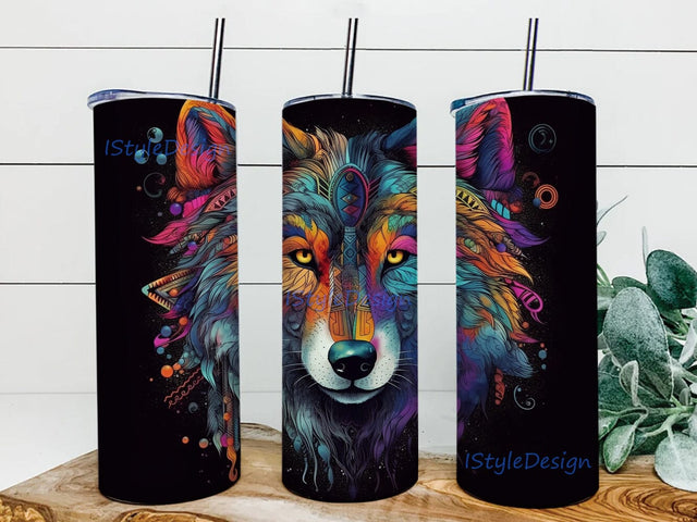 Colorful Wolf 20oz Skinny Tumbler Png, Fantasy Decor, Stained Glass Wolf Tumbler Sublimation Design, Neon Wolf Tumbler Wrap, Rainbow Colorful Tumbler Sublimation iStyleDesign 