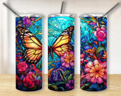 Colors Butterflies And Flowers 20oz Skinny Tumbler Sublimation Design, Flowers Butterfly Tumbler, Rainbow Neon Butterfly Spring Tumbler Wrap Sublimation BouDesign 