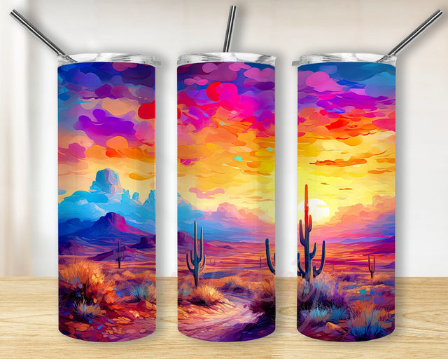 Colors Desert Landscape 20oz Skinny Tumbler Sublimation Design, Desert Cactus Tumbler, Sunset Desert Cactus Tumbler, Colorful Cactus Tumbler, Neon Cactus Png Sublimation BouDesign 