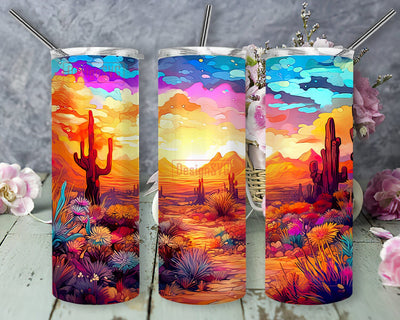 Colors Desert Landscape 20oz Skinny Tumbler Sublimation Design, Desert Cactus Tumbler, Sunset Desert Cactus Tumbler, Colorful Cactus Tumbler, Neon Cactus Png Sublimation DesignSVG 