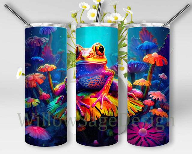 Colors Frog 20oz Skinny Tumbler Sublimation Design, Colorful Frog Floral Tumbler, Neon Colorful Frog Tumbler Wrap, Neon Frogs Tumbler Sublimation WillowSageDesign 