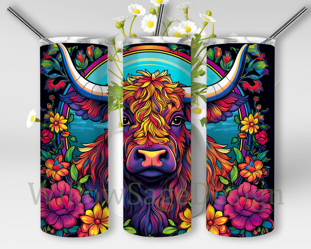 Colors Highland Cow Baby With Flowers 20oz Skinny Tumbler Sublimation Design, Colors Highland Cow Flowers Tumbler, Highland Cow Flowers Png, Cow Tumbler Sublimation WillowSageDesign 