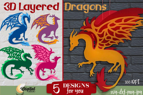 Colurful Flying Dragons | Layered Dragon Bundle SVG SVG Evgenyia Guschina 