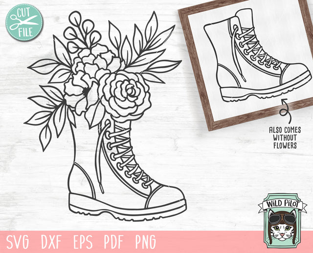 Combat Boots SVG file, Combat boots Flowers SVG file, Floral Combat Boots cut file, Military Spouse SVG, Military Wife SVG, Memorial SVG, Military Mom SVG, Military Support SVG SVG Wild Pilot 