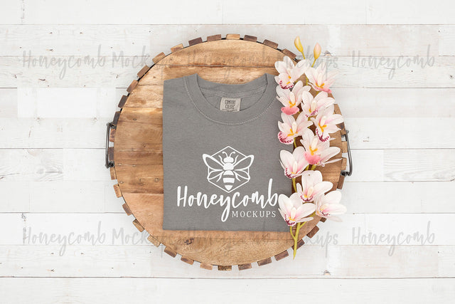 Comfort Colors 1717 Grey Mockup, Folded Mockup, Women's T-Shirt Mockup, Spring Mockup, Farmhouse Mockup Mock Up Photo Honeycomb Mockups 