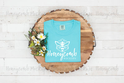 Comfort Colors 1717 Lagoon Blue, Folded Mockup, Women's T-Shirt Mockup, Summer Mockup, Farmhouse Mockup Mock Up Photo Honeycomb Mockups 