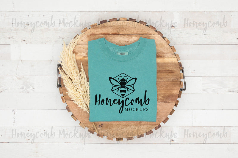 Comfort Colors 1717 Seafoam Mockup, Folded Mockup, Women's T-Shirt Mockup, Fall Mockup, Farmhouse Mockup Mock Up Photo Honeycomb Mockups 