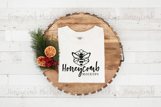 Comfort Colors 1717 White Mockup, Christmas Mockup, Folded Mockup, Women's White T-Shirt Mockup, Farmhouse Mockup Mock Up Photo Honeycomb Mockups 