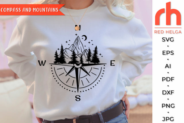 Compass and Mountains SVG - Mountain Scene Cut File SVG RedHelgaArt 