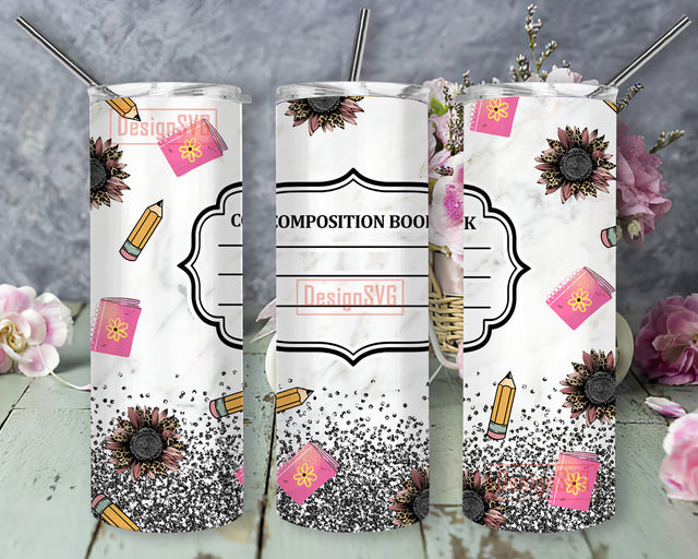 Composition Book Glitter 20oz Tumbler Wrap, Teacher Pencil Design Png, Teacher Sunflower Leopard Tumbler Png, Teacher Appreciation Png, Instant Download Sublimation DesignSVG 
