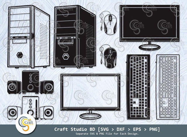 Computer Set Silhouette, Desktop Svg, Computer Svg, CPU Svg, Keyboard Svg, Sound Box Svg, Mouse Svg, Computer Set Svg Bundle SVG ETC Craft 