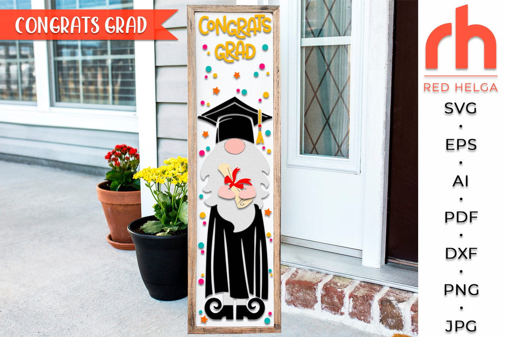 Congrats Grad SVG, Porch Board Cut File, Gnome in Mantle DXF - So Fontsy