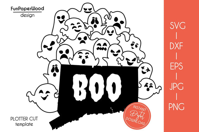 Connecticut CT state map Cute Halloween Boo scary ghosts faces SVG DXF EPS PNG JPEG SVG FunPaperWood 