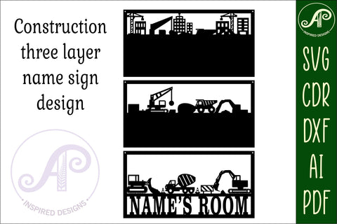 Construction scene name sign SVG 3 layer laser cut SVG APInspireddesigns 