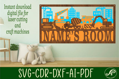 Construction scene name sign SVG 3 layer laser cut SVG APInspireddesigns 