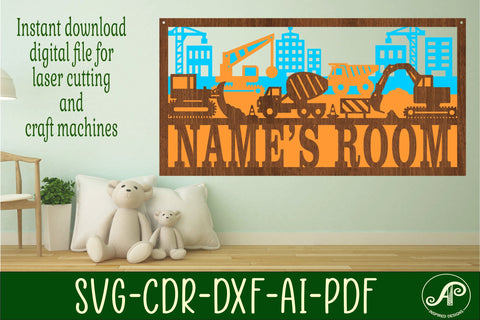 Construction scene name sign SVG 3 layer laser cut SVG APInspireddesigns 