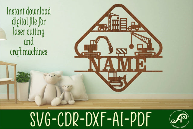 construction site theme Name sign svg laser cut template SVG APInspireddesigns 