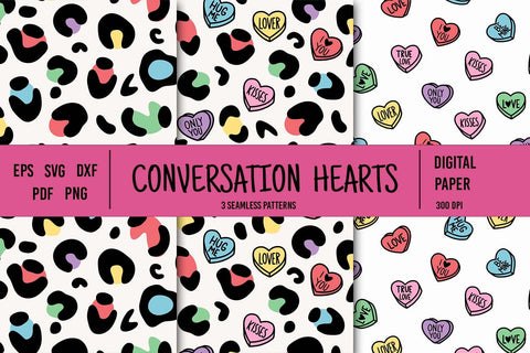 Conversation Hearts Digital Paper | Valentines leopard print SVG Irina Ostapenko 