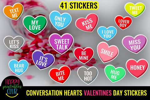 Conversation Hearts Valentines Day Stickers- Valentines Day SVG Happy Printables Club 