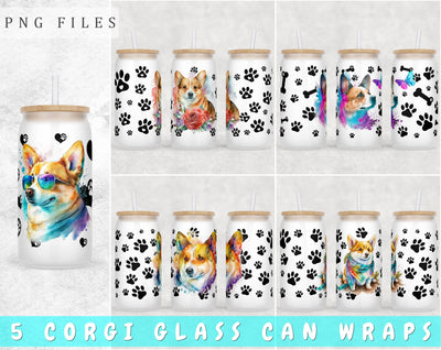 Corgi Libbey Glass Can Wraps, 16 Oz Glass Can Sublimation Designs, Corgi Glass Can PNG Files, Welsh Corgi Glass Can Wraps Sublimation HappyDesignStudio 