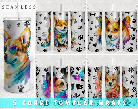 Corgi Tumbler Wraps Bundle, 20 Oz Skinny Tumbler Corgi Sublimation Designs, Seamless Corgi PNG, 5 Designs Sublimation HappyDesignStudio 