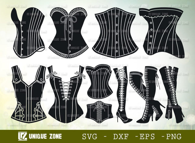 Corset SVG Bundle, Corset Silhouette, Corset Boots Svg, Daisy Corsets Svg, Corset Lingerie Svg, Bustier Svg, Corset Tops Svg, SVG Unique Zone 