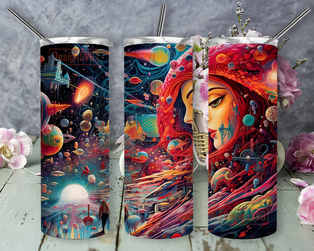 Cosmic Commotion 20oz Skinny Tumbler Png, Woman Tumbler, Cosmic Woman Tumbler, Colorful Planets Tumbler Wrap, Galaxy Celestial Tumbler Wrap Png Sublimation DesignSVG 