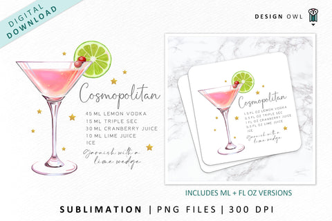 Cosmopolitan cocktail recipe Sublimation File Sublimation Design Owl 