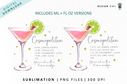 Cosmopolitan cocktail recipe Sublimation File Sublimation Design Owl 