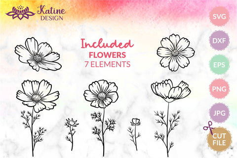 Cosmos Flower SVG, Birth Month Flower SVG, October Birth Flower SVG, Flower Bundle SVG, Floral SVG Bundle, Hand Drawn Flowers, Spring Flowers SVG, Line Art Flowers, Flower Lineart, SVG Cut Files for Cricut SVG KatineDesign 