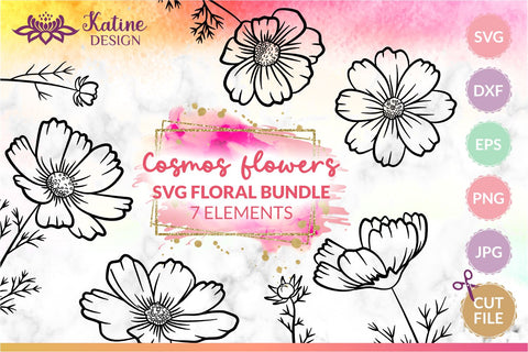 Cosmos Flower SVG, Birth Month Flower SVG, October Birth Flower SVG, Flower Bundle SVG, Floral SVG Bundle, Hand Drawn Flowers, Spring Flowers SVG, Line Art Flowers, Flower Lineart, SVG Cut Files for Cricut SVG KatineDesign 