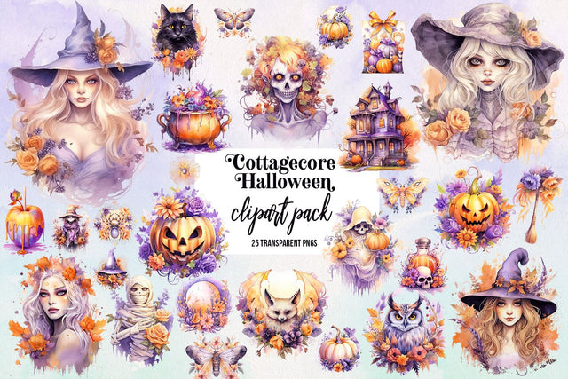 Cottagecore Halloween Clipart Bundle, 25 Transparent PNG's Sublimation BijouBay 