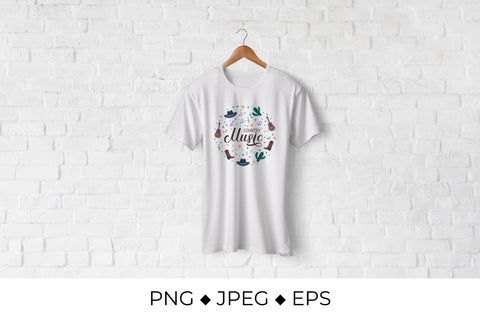 Country Music lettering with hat, cowboy boots, notes and guitar. Sublimation LaBelezoka 