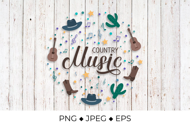 Country Music lettering with hat, cowboy boots, notes and guitar. Sublimation LaBelezoka 
