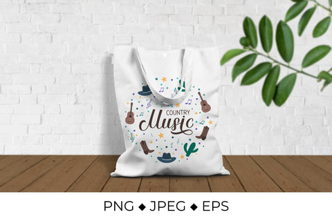 Country Music lettering with hat, cowboy boots, notes and guitar. Sublimation LaBelezoka 