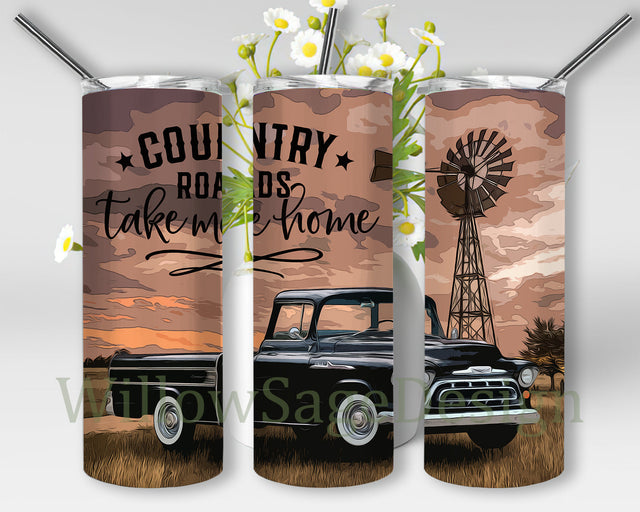 Country Roads Take Me Home Tumbler Png, Vintage Country 20oz Skinny Tumbler, Watercolor Truck Png, Farm Sublimation Design, Digital Download Sublimation WillowSageDesign 