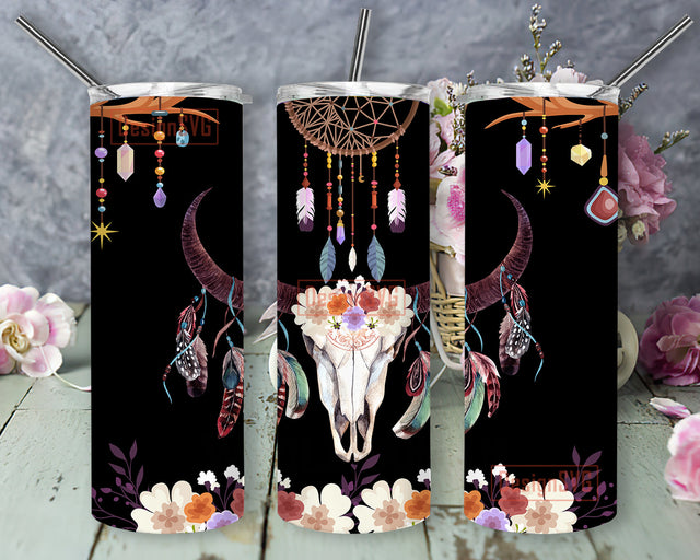 Country Western Design Tumbler, Boho Bull Skull 20oz Skinny Tumbler, Bull Skull Dream Catcher Tumbler Png, Bull Skull Feathers Design Png, Bull Skull Floral Sublimation Design, Digital Download Sublimation DesignSVG 
