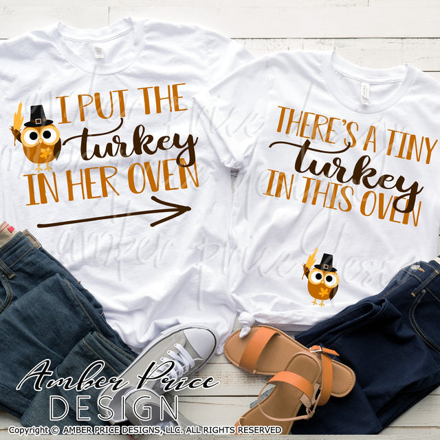Couple's Thanksgiving Pregnancy Reveal SVG PNG DXF | Turkey in the oven, I put the turkey in her oven SVG | Fall Maternity SVG for him & her SVG Amber Price Design 