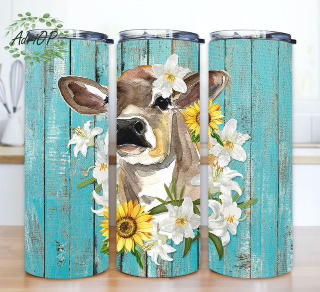Cow Flower Tumbler Wrap PNG, Spring Tumbler Wrap Sublimation AdriOP 