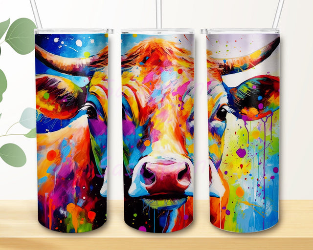 Cow Portrayed With Canvas 20oz Skinny Tumbler Png, Colorful Cow Tumbler, Bright Highland Cow Tumbler, Highland Cow Farm Tumbler, Cute Baby Highland Cow Colorful Png Sublimation sassyprint 