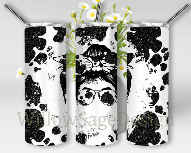 Cow Print 20oz Tumbler Wrap, Messy Bun Tumbler Design, Cow Print Glitter Tumbler Png, Mom Life Sublimation Design, Digital Download Sublimation WillowSageDesign 